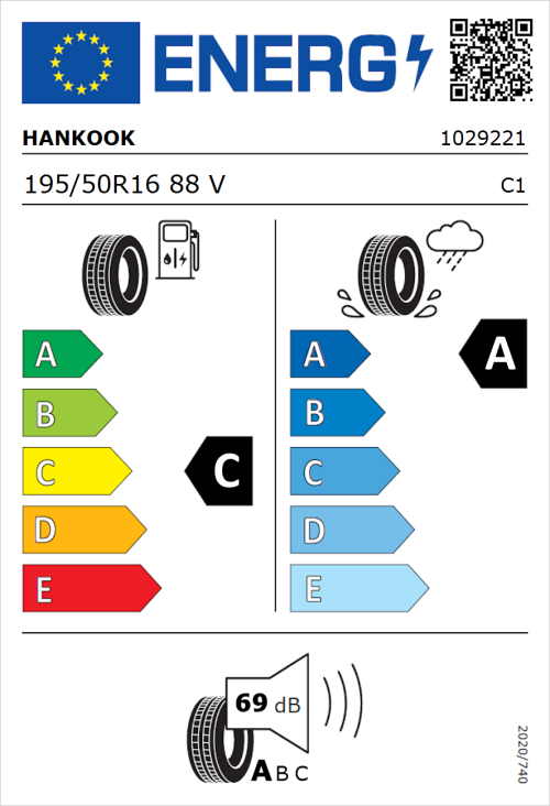 Tyre Label for Hankook Ventus Prime 4 (K135) 195/50R16 88V