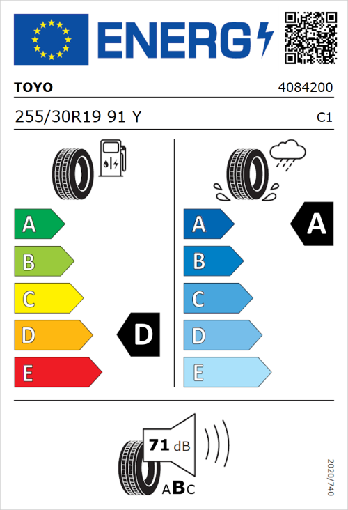 Tyre Label for Toyo Proxes Sport 2 255/30R19 91Y