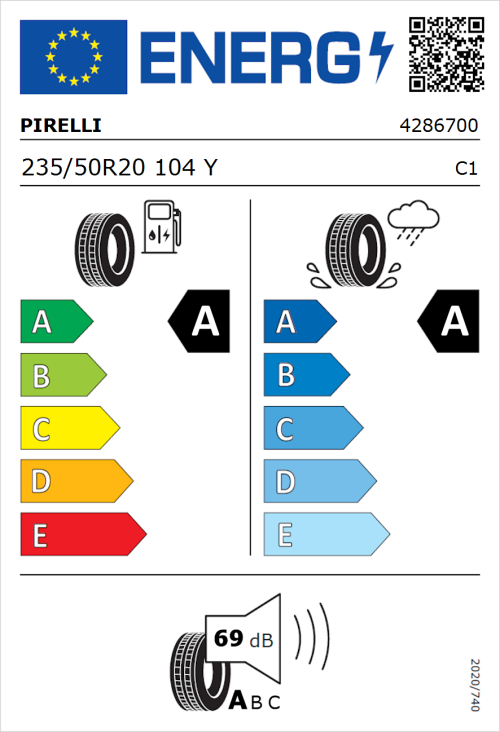 Tyre Label for Pirelli P ZERO E 235/50R20 104Y